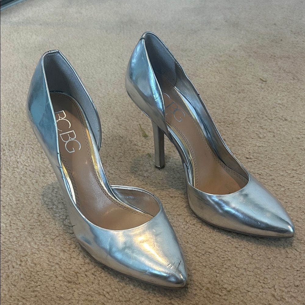BCBG Silver Pointed Toe Stiletto Heels